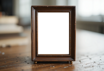 Emotional Storytelling, A Small Empty Frame on Vintage Wooden Table, Representing Fleeting Memories