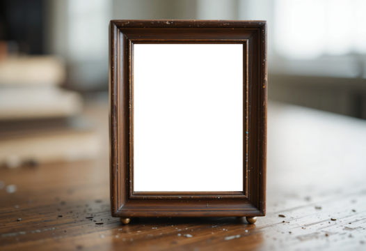 Emotional Storytelling, A Small Empty Frame on Vintage Wooden Table, Representing Fleeting Memories