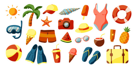 A collection of beach items including a swimsuit, sunglasses, a hat, a camera, a suitcase, a ball, and a pineapple