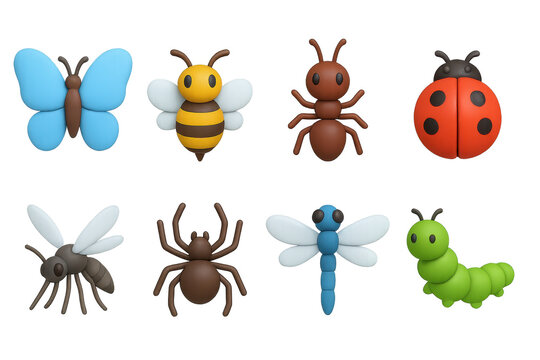 3d insect icons: butterfly, bee, ant, ladybug, mosquito, spider, dragonfly, caterpillar