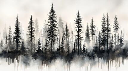 Obraz premium Misty Forest: A Monochrome Watercolor Landscape of Serene Woods and Tall Trees