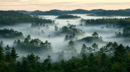 Fototapeta premium Misty Morning in the Forest: A Breathtaking Panoramic Landscape