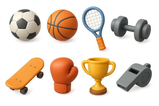 3d sports icons. soccer, basketball, tennis, weights, skateboard, boxing glove, trophy, whistle