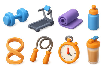 Fitness essentials. 3d icons of exercise equipment, gear, and accessories