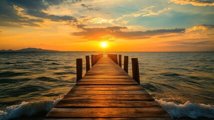 Obraz premium Sunset pier ocean waves tranquil beach landscape travel