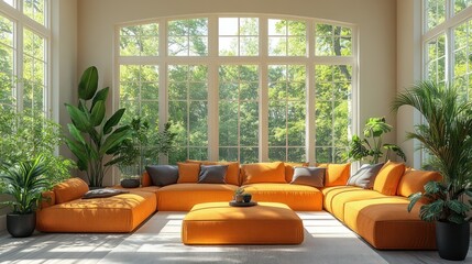 Sunlit living room with orange sectional sofa, lush plants, and large windows