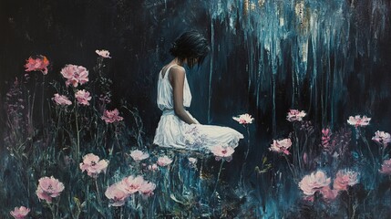 Solitude in a Pink Garden: A Contemplative Oil Painting