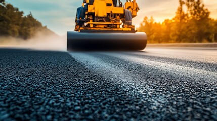 Asphalt Road Roller on Freshly Laid Highway