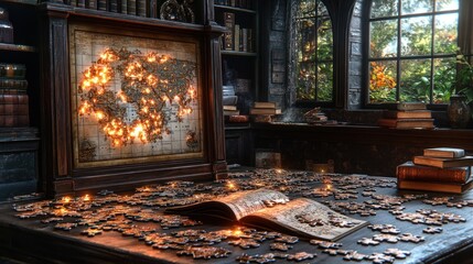 Illuminated world map puzzle on antique table in study