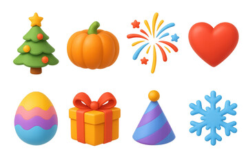 Holiday icon collection. 3d icons featuring tree, pumpkin, firework, heart, egg, gift, hat, snowflake.