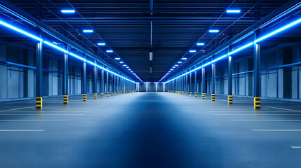 Obraz premium Empty Underground Parking Garage Illuminated With Blue Lights