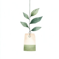 Watercolor tea bag illustration.  Fresh green leaves hanging from a light beige and green tea bag