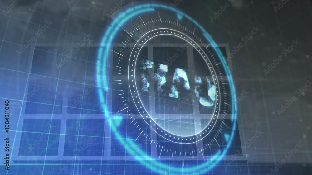 Poster rotating blue holographic elements with grid background in digital animation interface