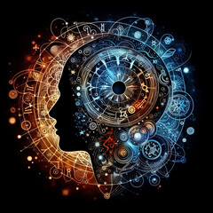 Profiles of Destiny series. Backdrop of astrology symbols, human profile lines, circles and design elements on the subject of astrology,magic, witchcraft and fortune telling