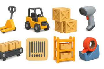 Warehouse tools 3d icons. forklift, crates, barcode scanner, and more in vibrant 3d design