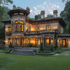Classic European-style mansion with ornate architectural details and a manicured lawn