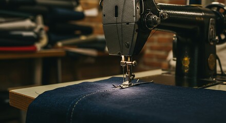 Sewing Machine Stitching Dark Blue Fabric with White Thread Line