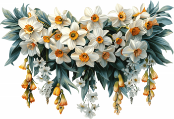 White narcissus daffodils with orange centers and blue-green foliage cascading spring flower arrangement for seasonal decoration
