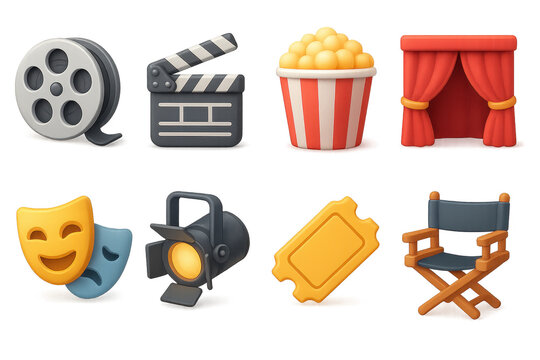 Entertainment icons collection. 3d cinema, theater, popcorn, tickets, director's chair, masks