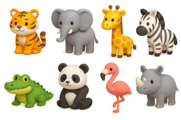 Fototapeta premium Charming 3d animal icons. elephants, tigers, zebras, and more: adorable wildlife art