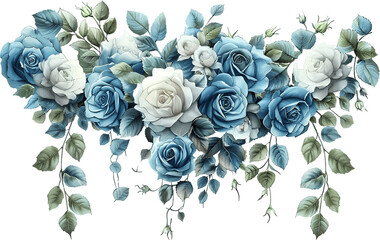 Dusty blue roses and eucalyptus leaves cascading floral arrangement border perfect for wedding invitations and romantic designs