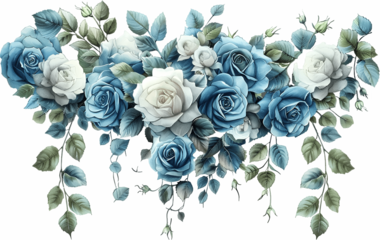 Dusty blue roses and eucalyptus leaves cascading floral arrangement border perfect for wedding invitations and romantic designs
