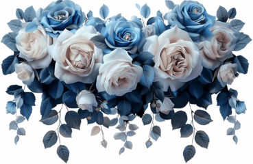 Blue and white roses cascading floral watercolor border arrangement for elegant wedding invitations and cards