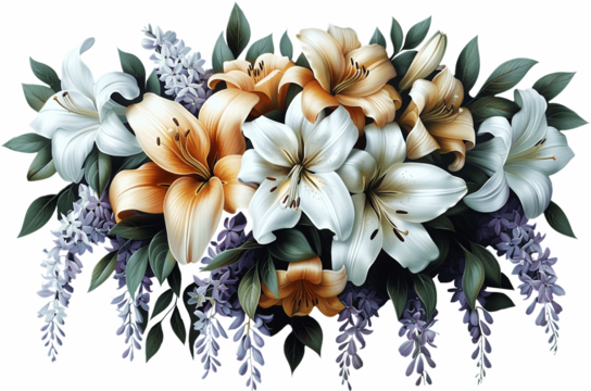 White and orange lilies with purple wisteria cascading watercolor floral arrangement for spring wedding designs