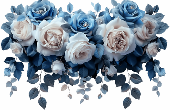 Blue and white roses cascading floral watercolor border arrangement for elegant wedding invitations and cards