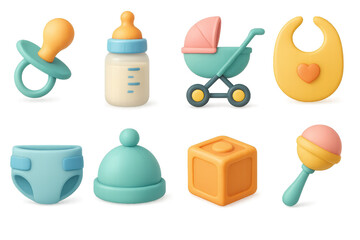 Essential baby items in 3d. pacifier, bottle, stroller, bib icons & more