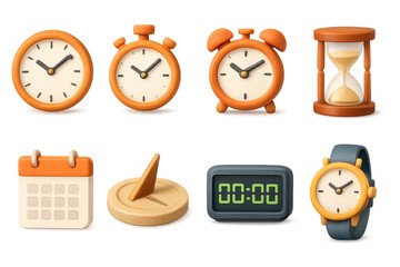 Time management essentials. 3d clock and calendar icons for organization