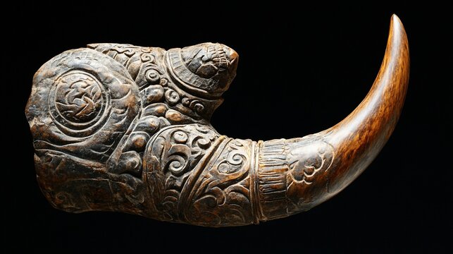 Carved rhinoceros horn art, Asian style, dark background