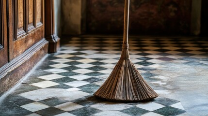A domestic sweeping broom stands on checkered floor tiles nearby wood