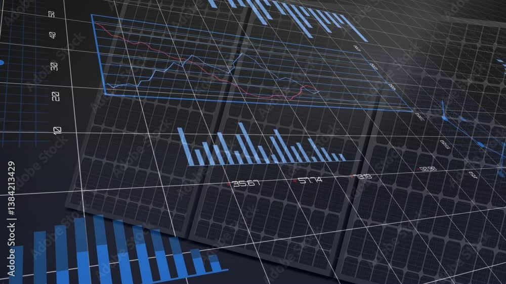 Poster animation of financial graphs and pie charts displaying data analysis in school