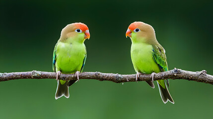 Fototapeta premium Two Green and Orange Parrots Perched on Branch
