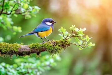 Obraz premium Close-up of a small bird perched on a mossy branch in a serene European forest during early morning light