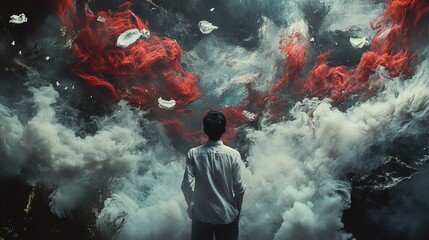 Surreal Contemplation: A Man in a Dreamlike World of Smoke and Color