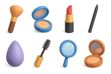 3d makeup icons. brush, lipstick, mirror, compact, eye pencil, mascara, sponge.