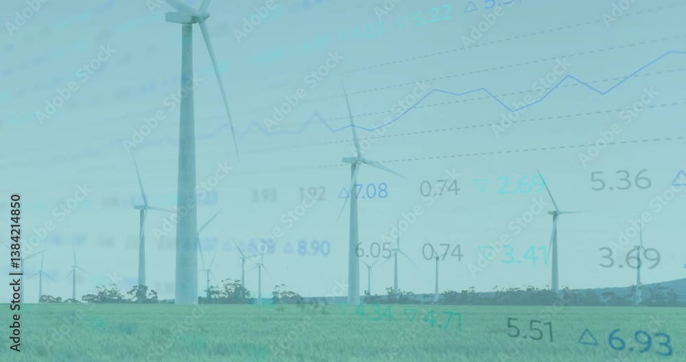 Poster wind turbines in green field with financial data processing animation overlay