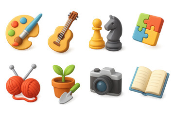 3d hobby icons: art, music, chess, puzzles, knitting, gardening, photography, reading