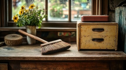 Wooden desk with a broom sunflowers and a window