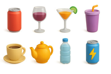 Diverse 3d beverage icons. collection of can, glass, cup & bottle designs