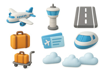 Naklejka premium 3d aviation icons. airplane, control tower, runway, luggage, boarding pass, clouds.