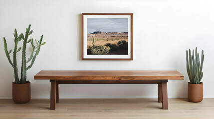 Desert Landscape Framed Art With Wooden Bench And Succulents