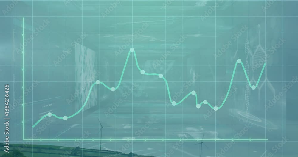 Aufkleber animation of fluctuating data line over landscape with wind turbines in background