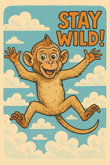 Cartoon Monkey Jumping in Cloudy Sky Retro Style Poster Design