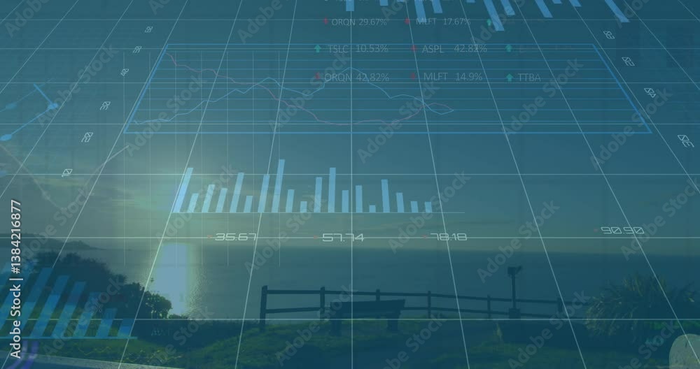Poster financial data charts and graphs animation over landscape with bridge
