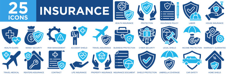 insurance, business, finance, contract, document, service, icon set. Outline icons collection. Simple vector illustration
