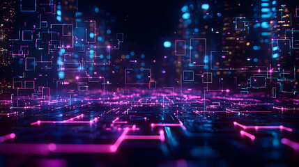 Obraz premium Futuristic Digital Cityscape With Neon Lights