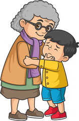 a grandmother hugs her grandson who is crying